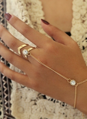 Vintage Gold Color Big Zircon Bracelet Ring Wrist Chain