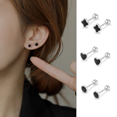 Women Black Geometry Heart Clover Stud Earrings Simple