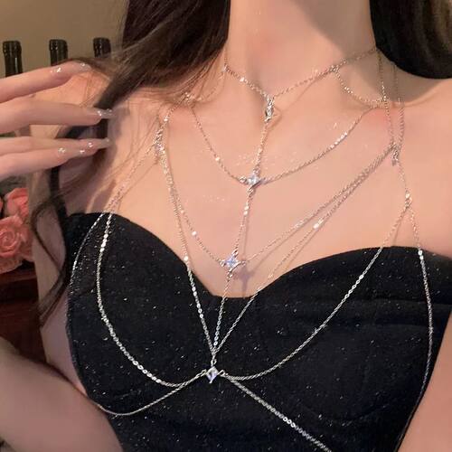 Square Crystal Chest Chain for Women Multilayer Silver