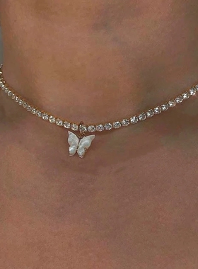 New Butterfly Pendant Choker Necklace Rhinestone Chain White