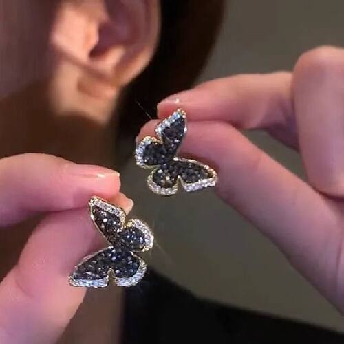 Black Crystal Silver Colour Butterfly Earrings Women's