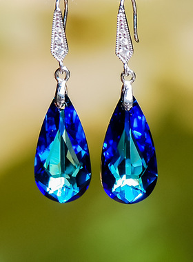 Luxury Drop Blue Crystal Drop Earrings for Women Silver