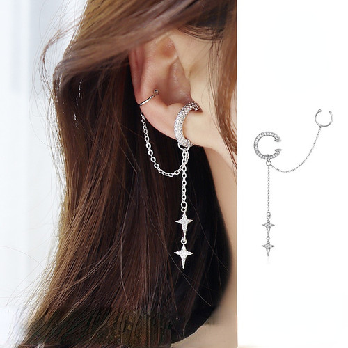 1 Pc New Star Moon Tassel Clip Earrings for Women Ins No