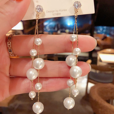 Long Imitation Pearl Tassel Earrings Rhinestone Teardrop