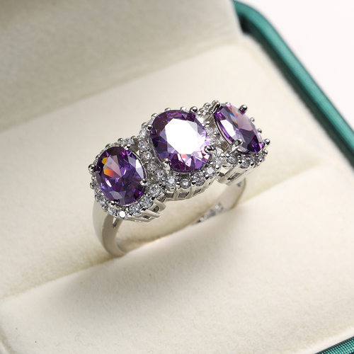 Cute Female Purple Crystal Stone Ring Charm Silver Color
