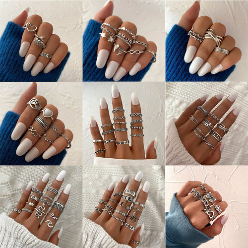 Vintage Silver Color Multi-Shape Rings Set For Women