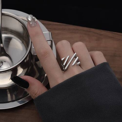 Silver Open Finger Ring Punk Lines Geometric Openwork