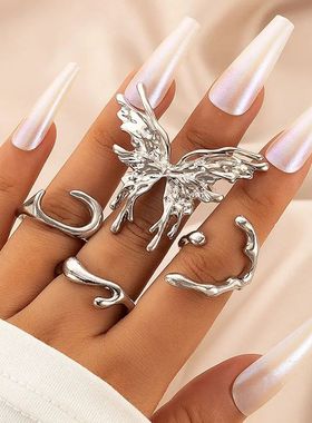 Punk Silver Color Liquid Butterfly Rings Set For Women
