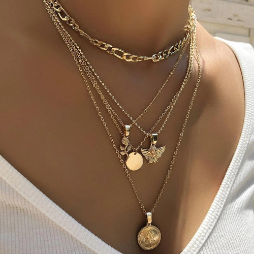 2023 Vintage Multi-layer Coin Flowers Chain Choker Necklace