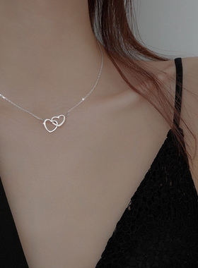 Silver Color Double Heart Choker Necklace for Women Girl