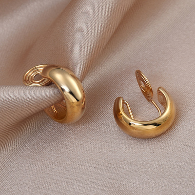 Vintage Golden Minimalist C Shape Clip on Hoop Earrings Non