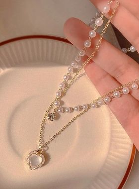 Fashion Cute Love Heart Shaped Pendant Necklace Pearl Chain