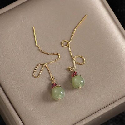 Gold Color Hetian Jade Earrings for Women Green Round