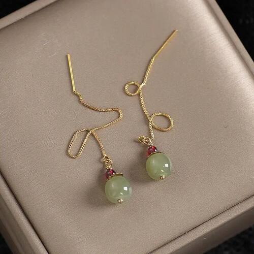 Gold Color Hetian Jade Earrings for Women Green Round