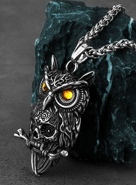 Gothic Owl Skull Pendant Necklace Stainless Steel Biker