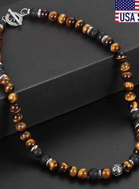 8mm Natural Stone Tiger Eyes Lava Bead Necklace Stainless