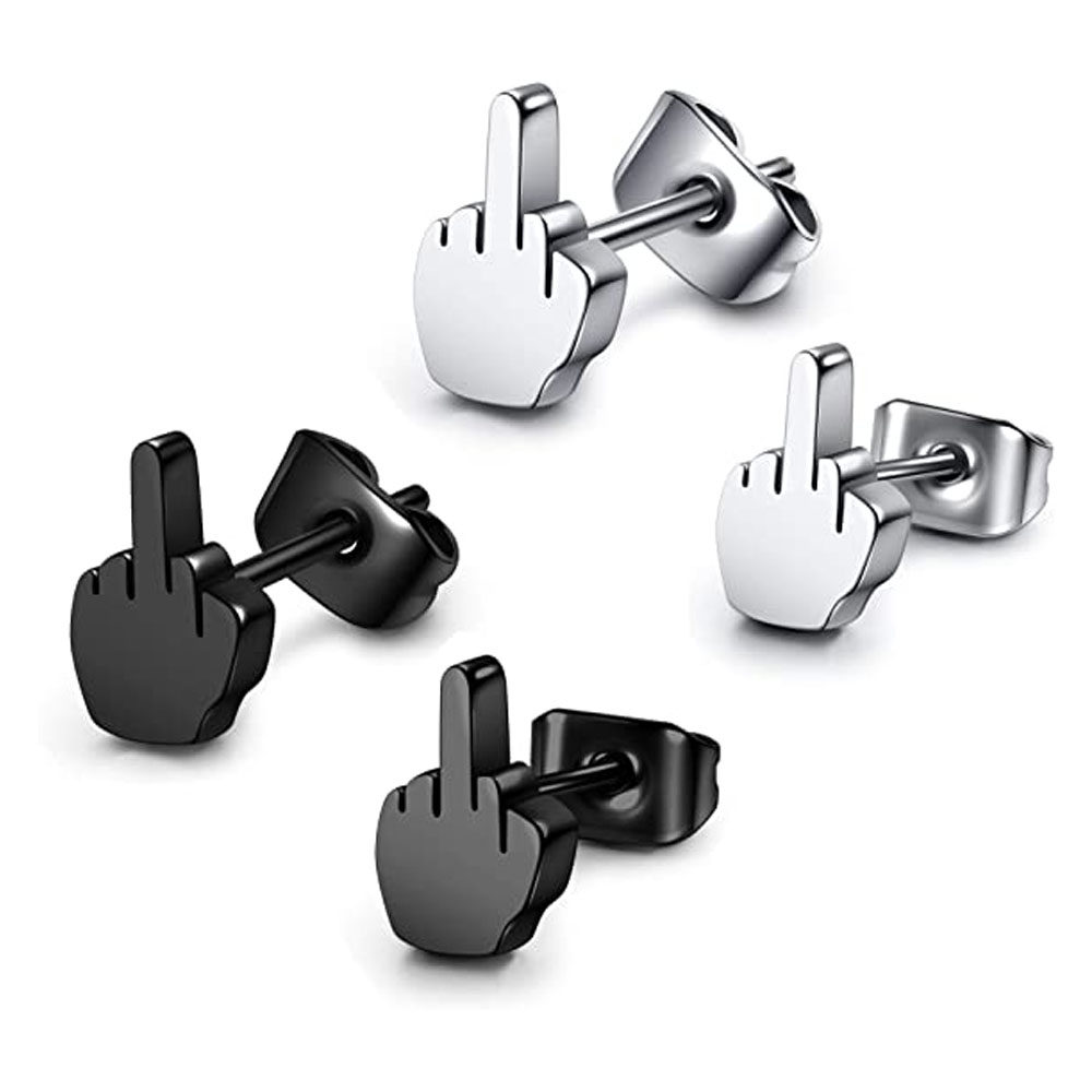 2Pcs Stainless Steel Black Middle Finger Up Women Men Ear