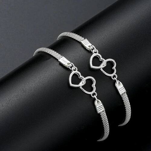 2Pcs/Set Love Heart Couple Bracelets for Women Men Silver