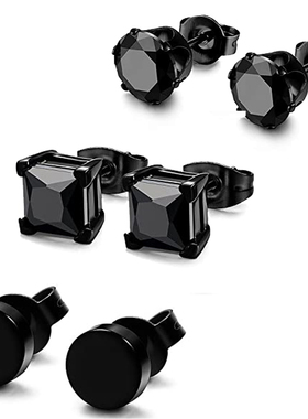 3 Pairs Stainless Steel Black Stud Earrings for Men Women