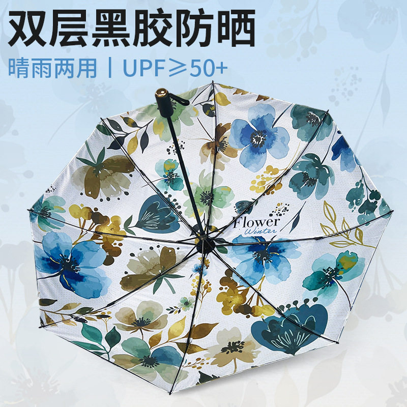 新款双层遮阳伞黑胶防晒防紫外线双面印花太阳伞森系雨伞ins