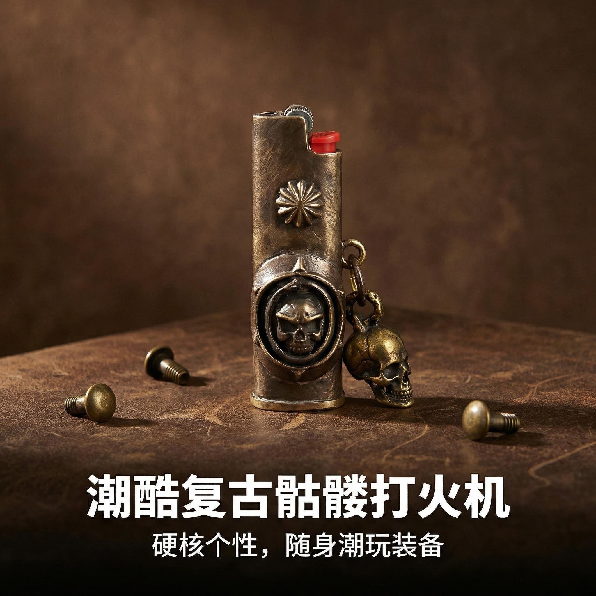 爷们手作黄铜气体比克j3打火机外壳套焊接骷髅工艺做旧套壳带吊坠