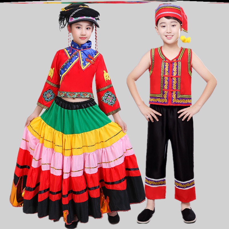 七月火把节舞蹈服彝族服装儿童女孩大裙摆盛装男小童开场舞演出服