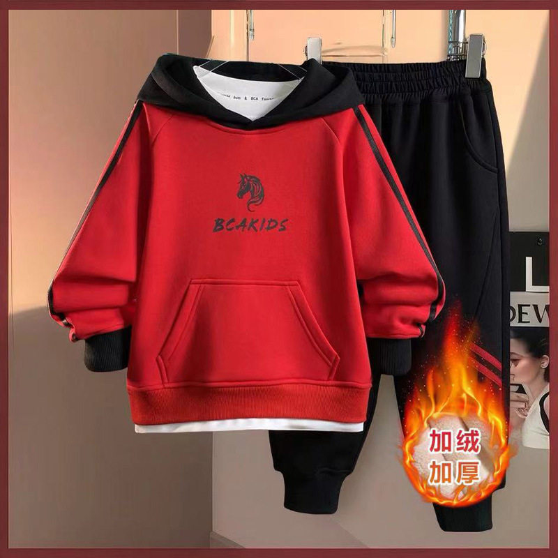 男童年服冬新款加绒卫衣套装中大童男孩一体绒加厚两件套连帽套装