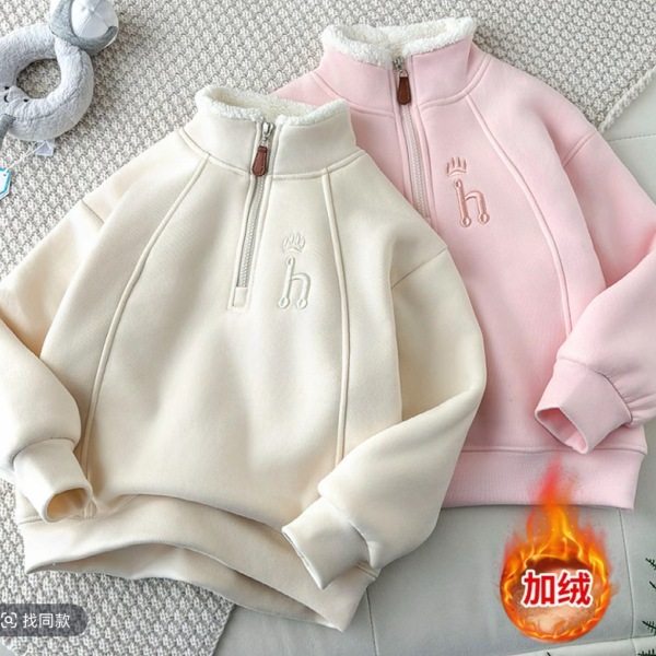 秋冬新款儿童加厚加绒半高领拉链卫衣男女童羊羔绒保暖上衣中大童