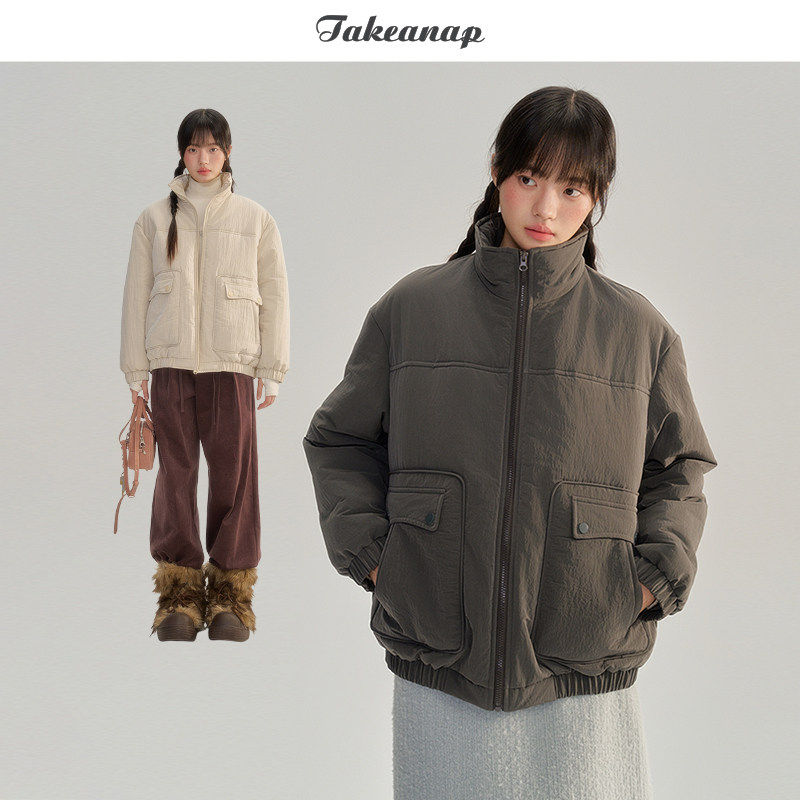 TAKEANAP午睡 美式立领棉服女冬季新款宽松丝绒皱棉衣保暖外套