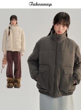 TAKEANAP午睡 美式立领棉服女冬季新款宽松丝绒皱棉衣保暖外套