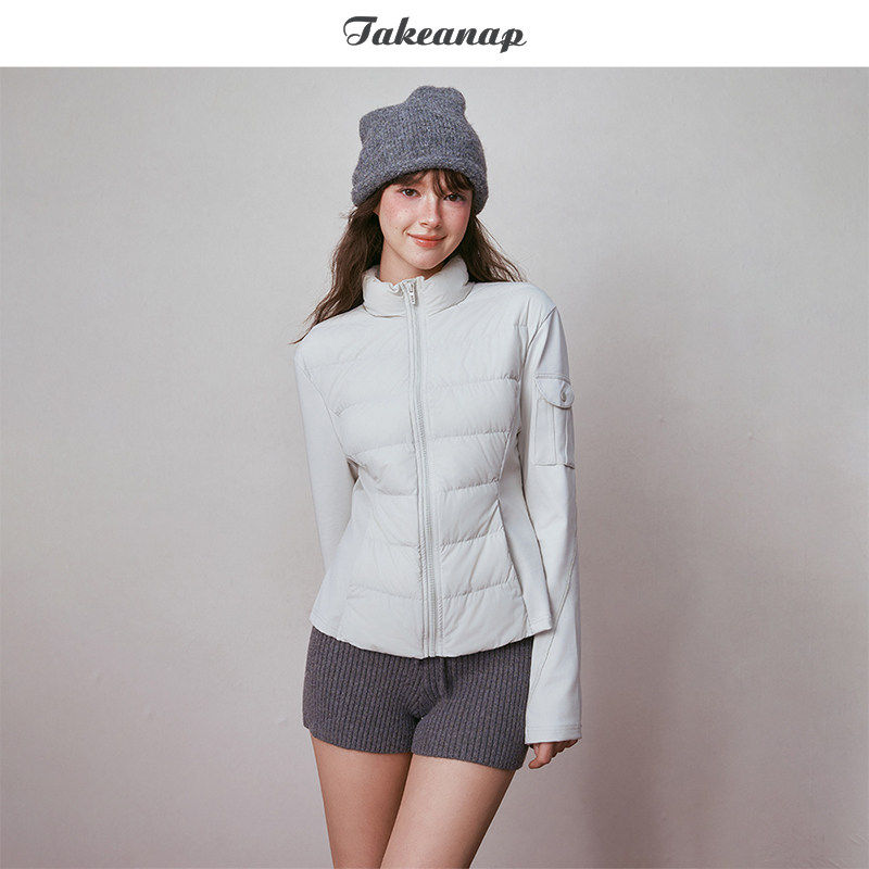 TAKEANAP午睡 针织拼接运动轻羽绒服女内搭叠穿立领拉链薄短外套