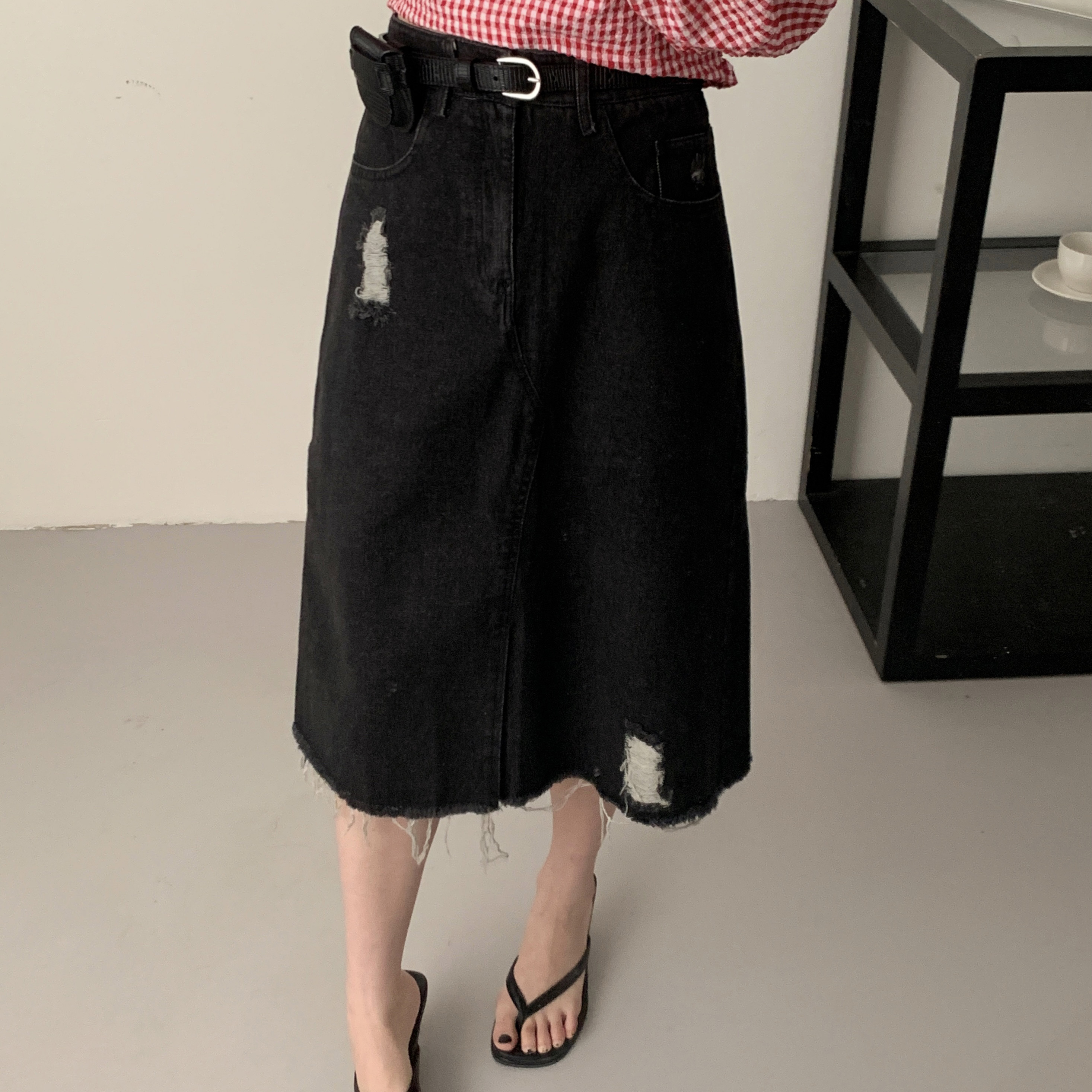 荷宝娜牛仔开叉半身裙女2025新款设计感宽松高腰显瘦A字裙子秋季