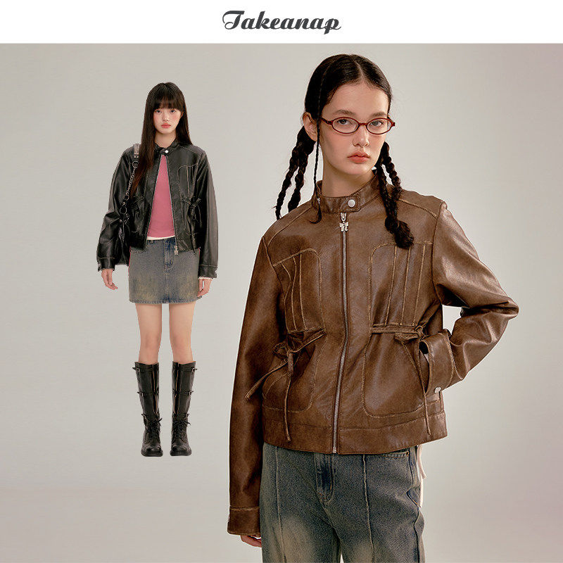 TAKEANAP午睡 短款皮衣外套女春新款复古甜酷风机车PU夹克小个子