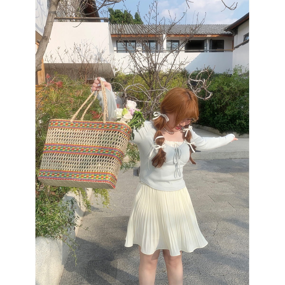 荷宝娜微胖定制胖mm系带修身针织衫女春2023新款大码针织长袖上衣