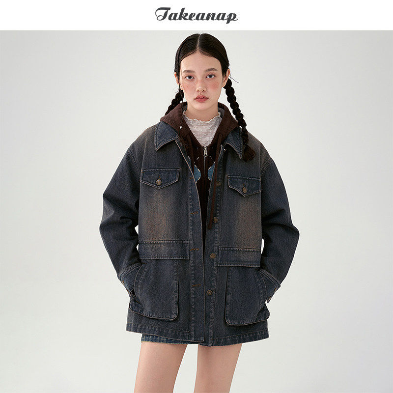 TAKEANAP午睡 复古牛仔外套女春季宽松水洗做旧工装风夹克中长款