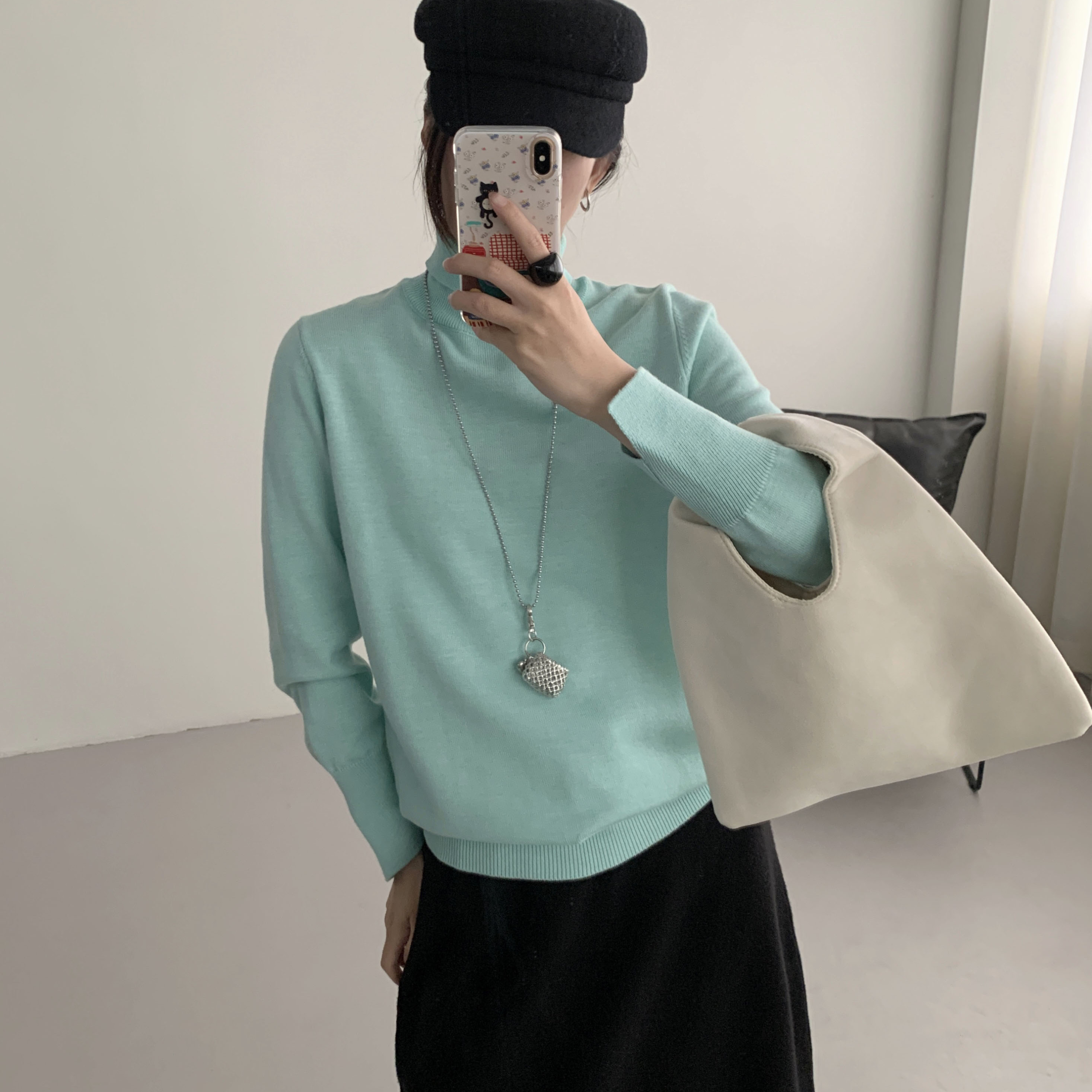 荷宝娜高领纯色弹力针织打底衫女2025新款纯色通勤百搭上衣秋冬