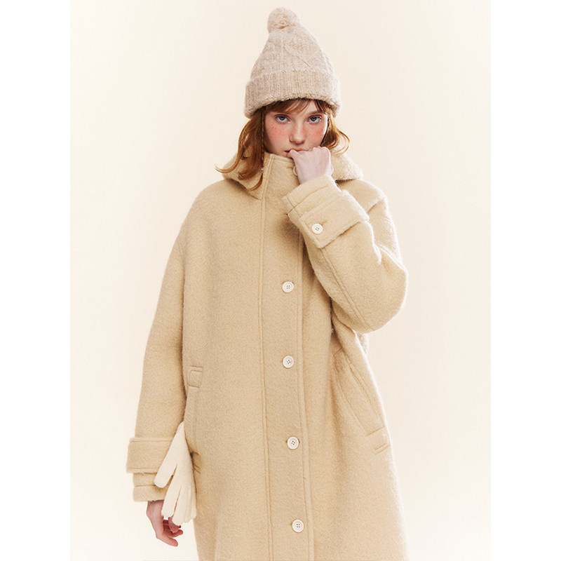 水波纹长毛连帽毛呢外套女冬中长款宽松呢大衣夹棉