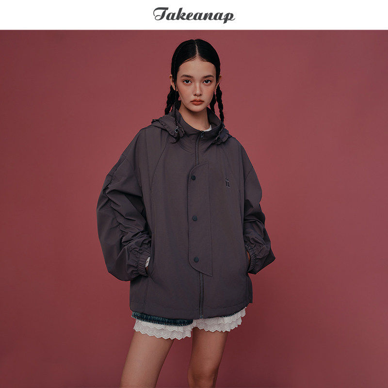 TAKEANAP午睡 拼接结构褶花休闲运动夹克女春秋新款宽松抽褶外套