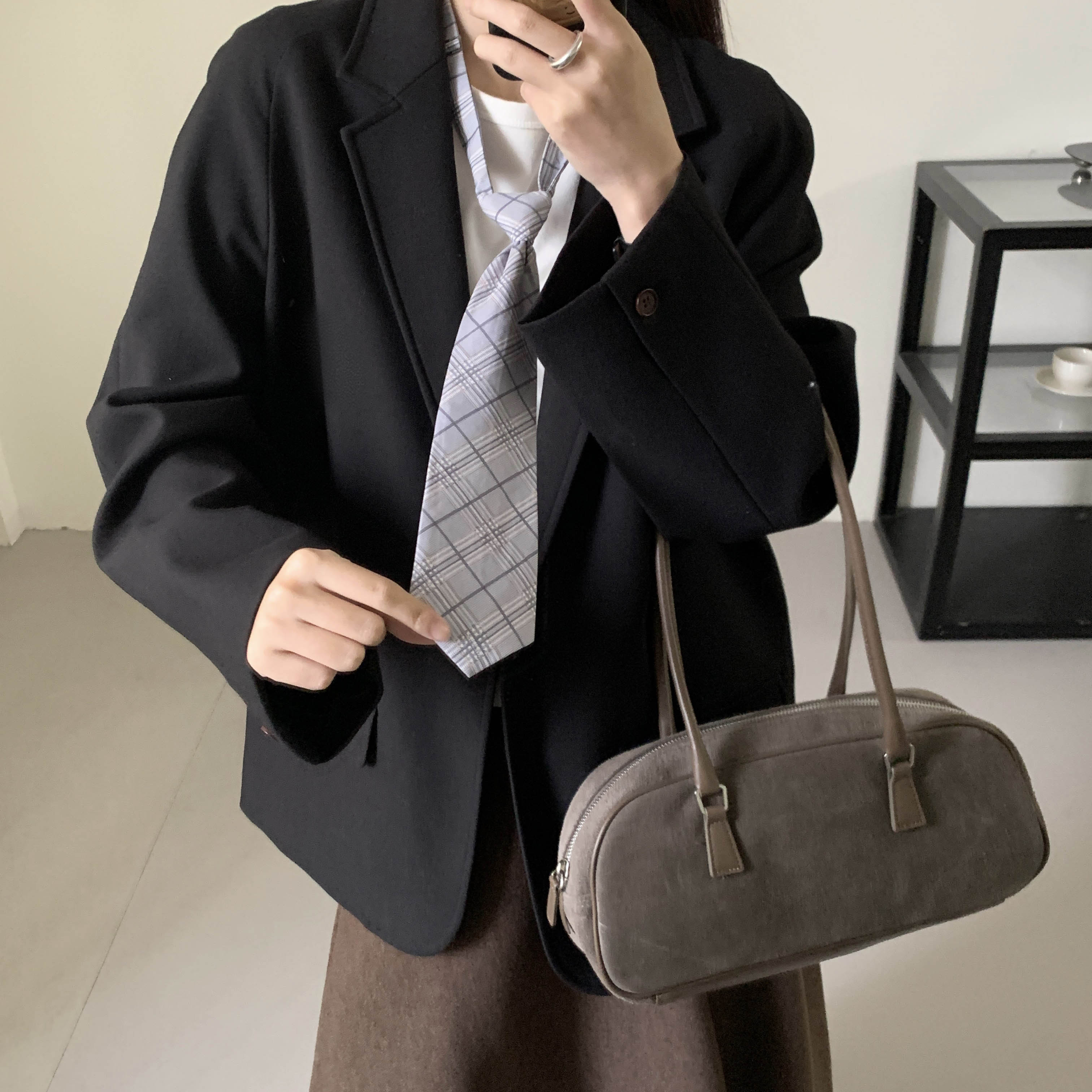 荷宝娜学院风JK制服衬衫领带女2025新款简约高级感格纹西装小领带