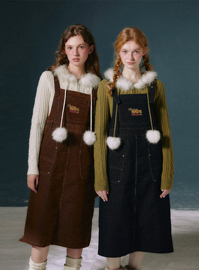 TAKEANAP午睡 复古菱格背带裙女秋冬小个子宽松百搭绒感连衣裙