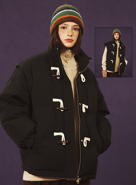 午睡自制 羽绒服女冬新款袖可拆设计复古学院风日系牛角扣马甲