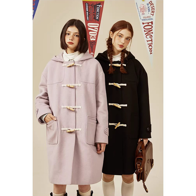 牛角扣毛呢大衣女秋冬复古日系学院风夹棉呢子宽松外套