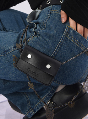 复古黑色主题定制真皮包卡包 蝴蝶腰链裤链