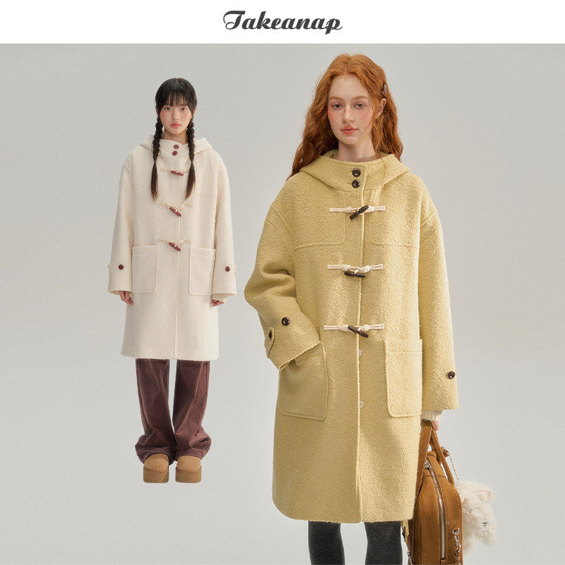 TAKEANAP午睡 牛角扣羊毛大衣女秋冬新款宽松学院连帽毛呢外套