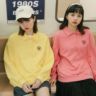 午睡自制 polo衫女长袖春秋薄款日系复古学院风宽松翻领T恤上衣