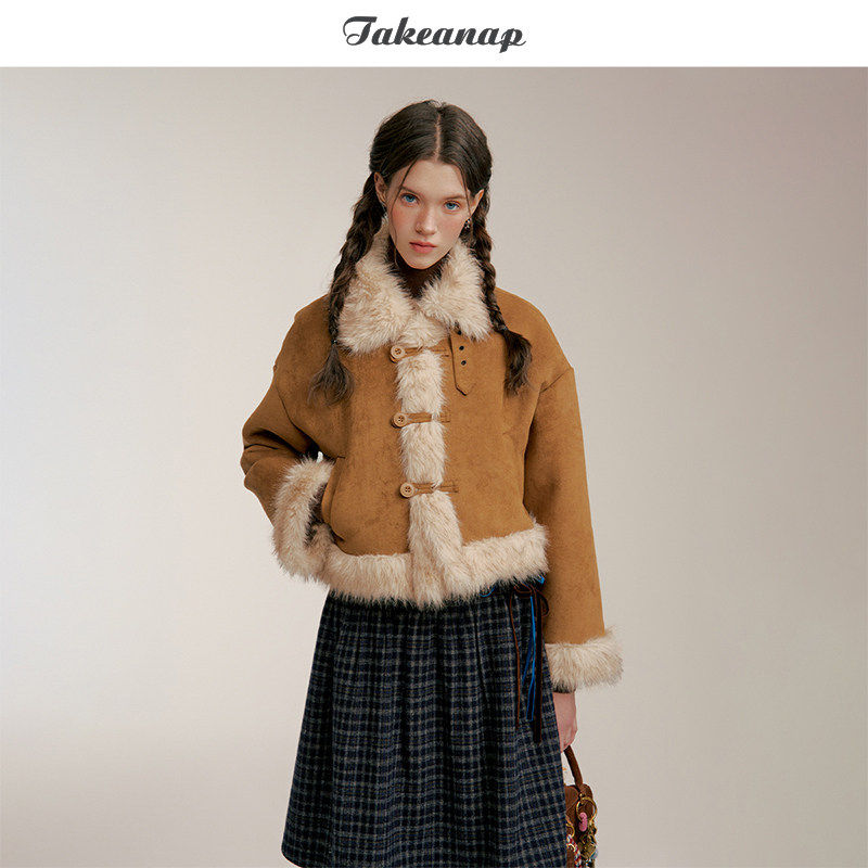 TAKEANAP午睡 短款皮毛一体外套女秋冬复古仿皮草长毛上衣小个子