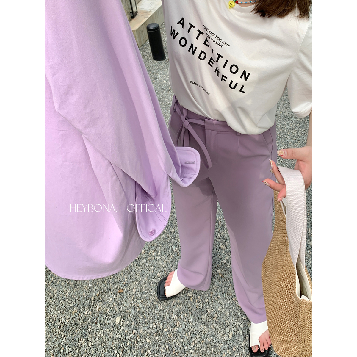 荷宝娜微胖定制垂感直筒系带西装裤女春夏2022新款宽松显瘦休闲裤