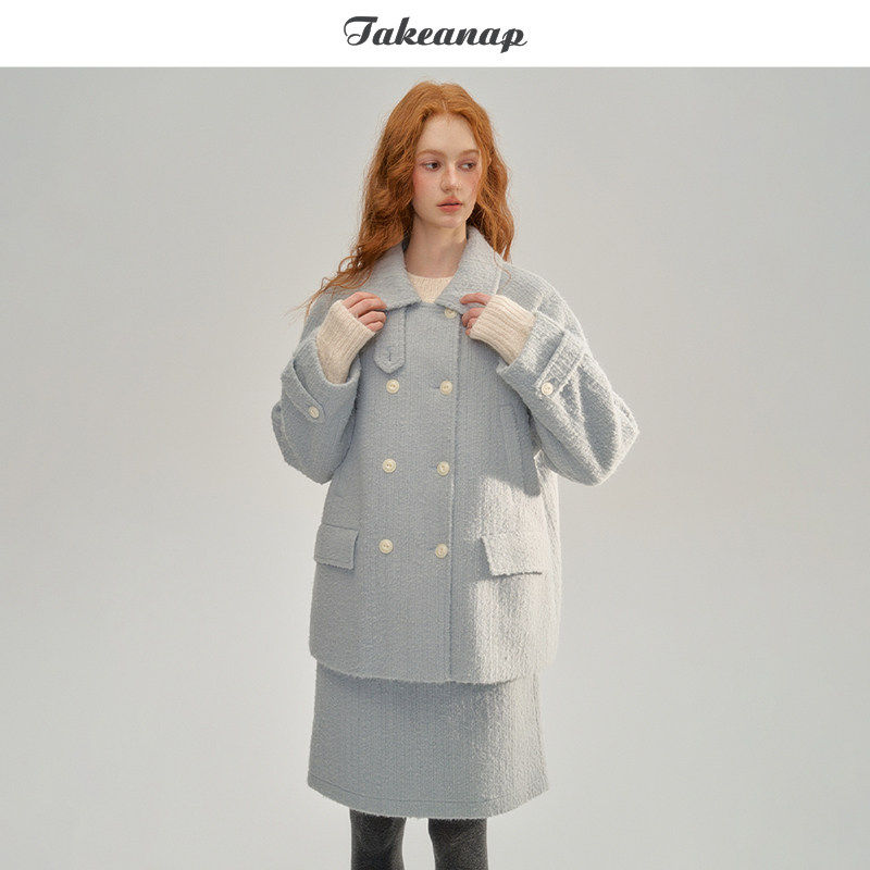 TAKEANAP午睡 双排扣翻领毛呢大衣女冬长毛条纹肌理呢料半裙套装