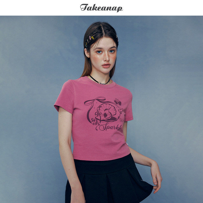TAKEANAP午睡 原创印花修身T恤女夏做旧炒盐工艺短款上衣小个子