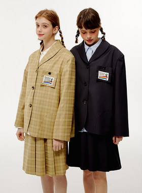 午睡自制 西装外套女春秋2026新款学院风复古格纹设计感西服套装